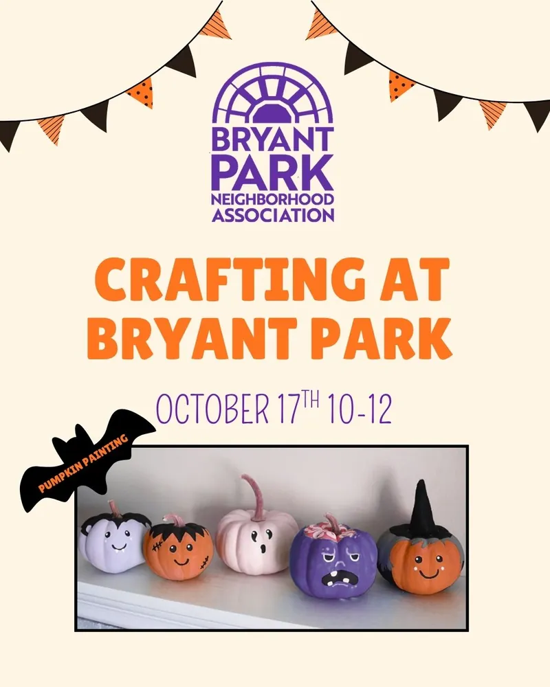 Flyer for Crafting at Bryant Park — Saturday, October 17, 2026, 10:00 AM – 12:00 PM at Bryant Park.